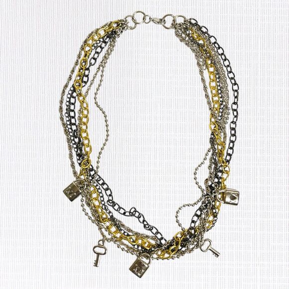 Multi Strand Charm Necklace Dangle Keys Locks Chains Steampunk Tri Color Metal - Picture 7 of 9